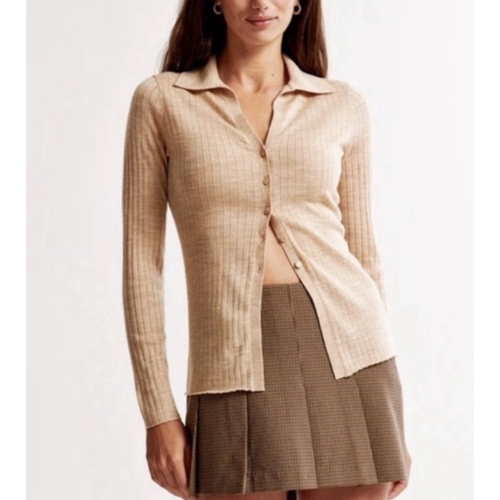 Abercrombie Fitch Ribbed Merino Wool Collared Button Up Shirt Beige Medium